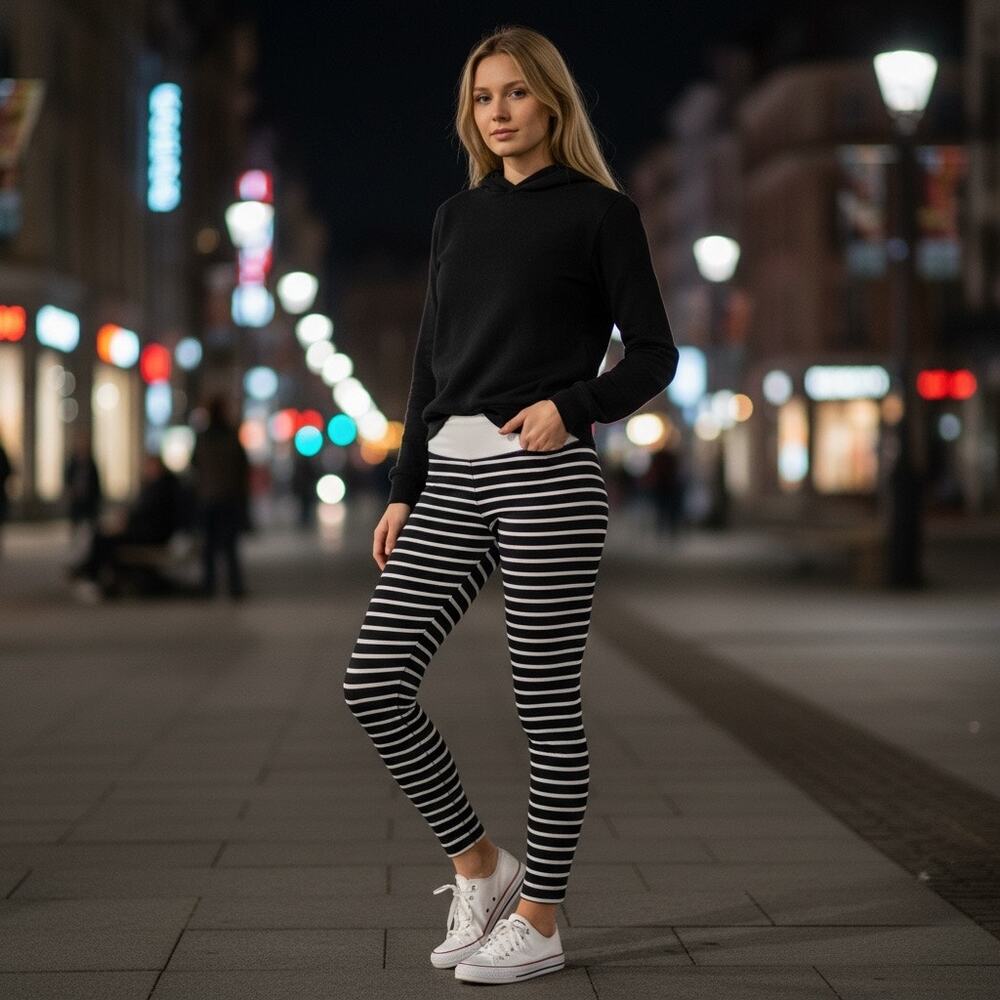 Kira Grace Striped Leggings Womens Medium Black White High Rise Yoga